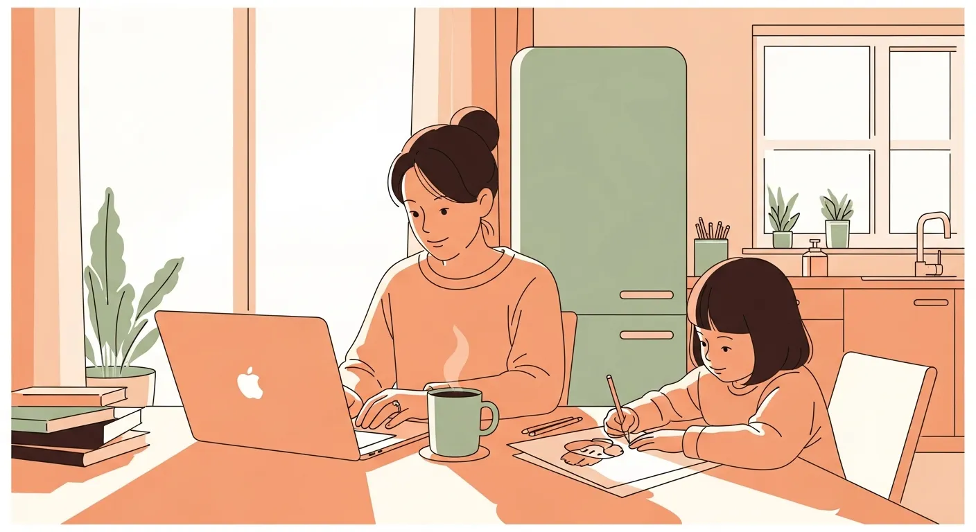 A parent working from a sunlit kitchen table while a child draws nearby