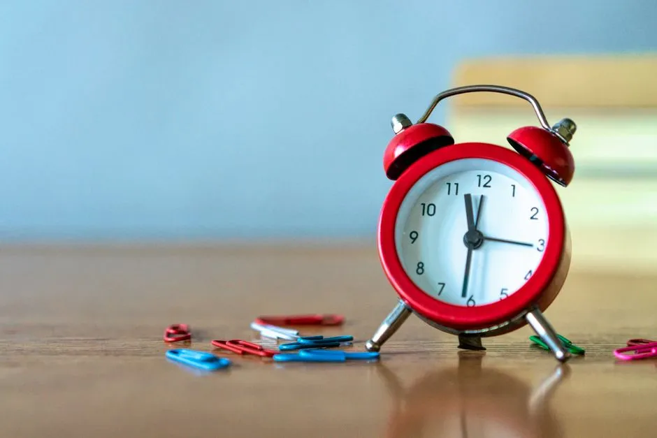 Close-up of an alarm clock used to mark a workday's start and end