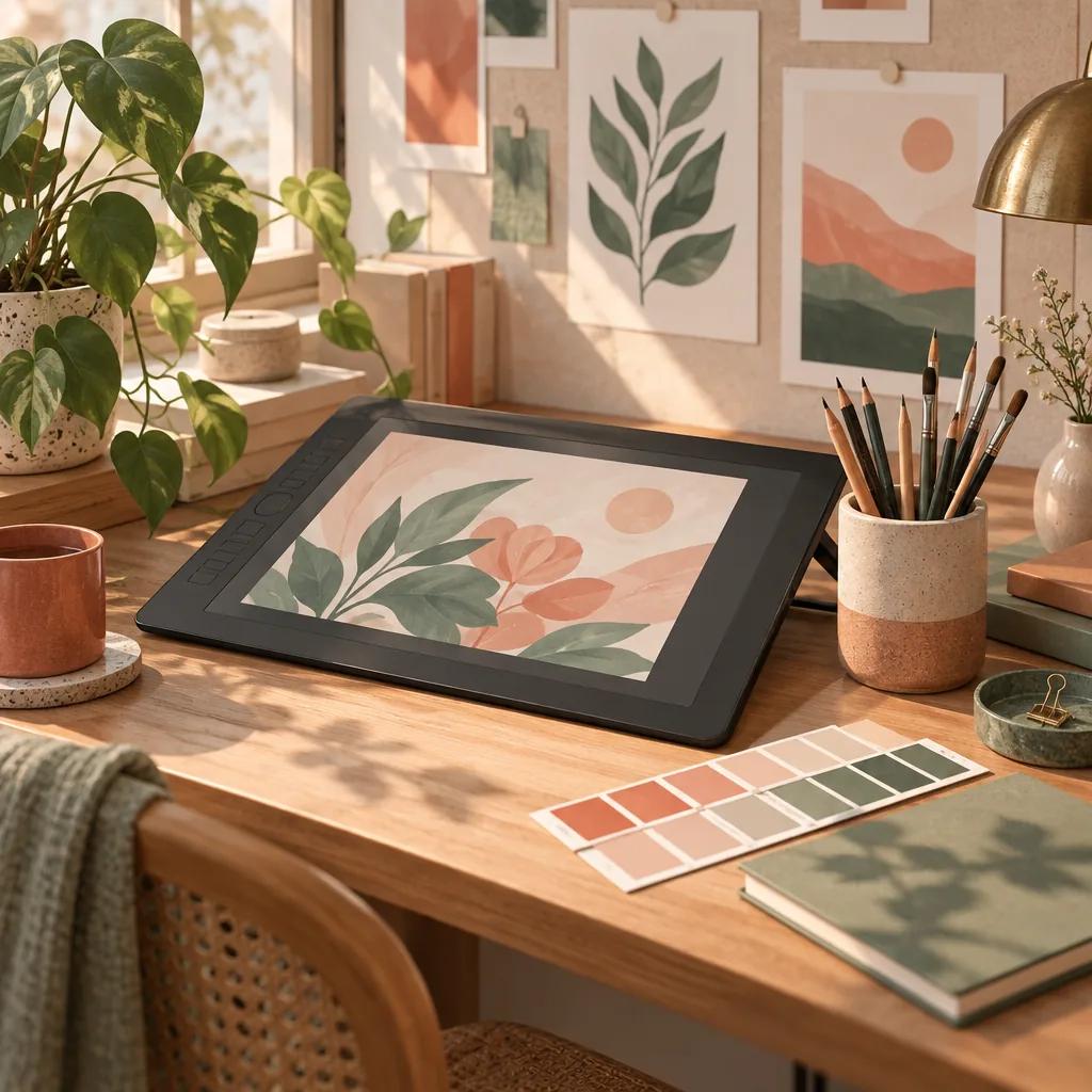 Decorative illustration of a designer's desk with a drawing tablet and colour swatches representing design roles