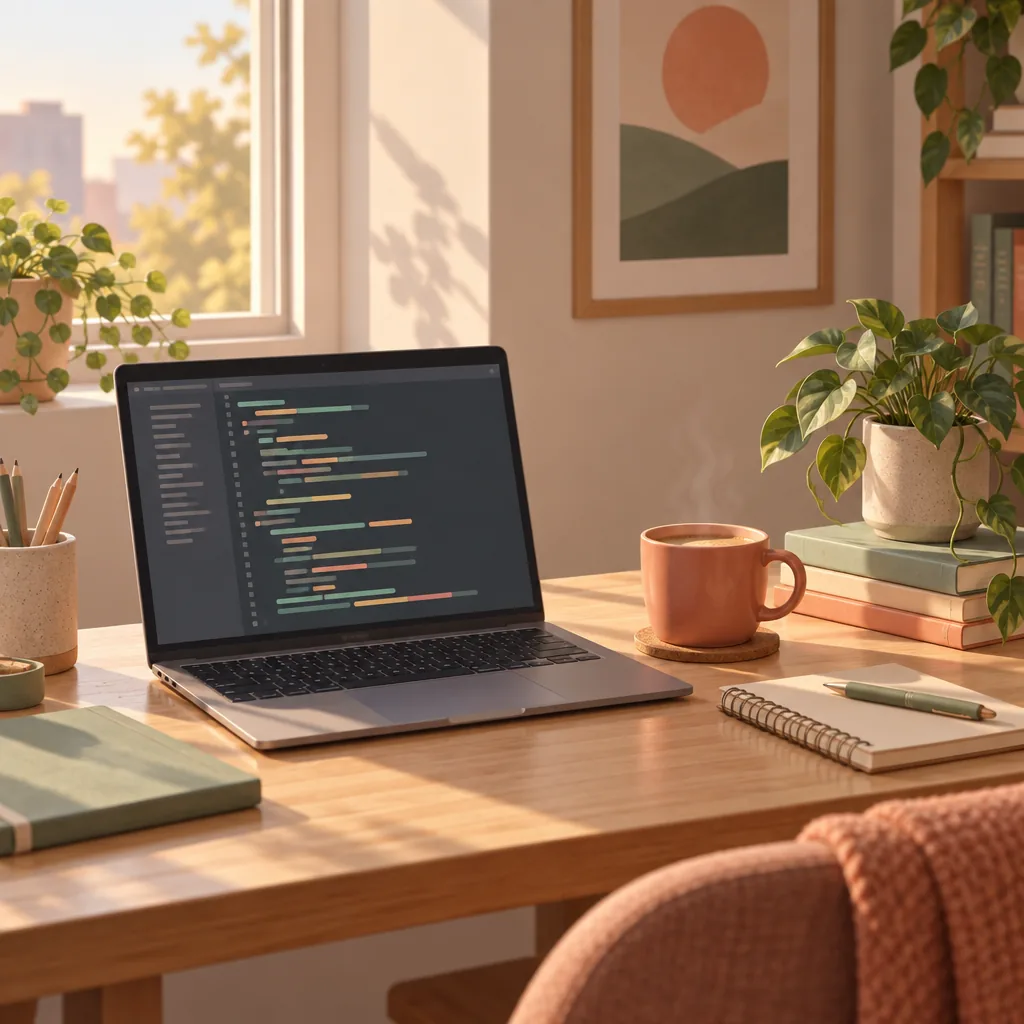 Decorative illustration of a dual-monitor coding workspace representing full stack programming
