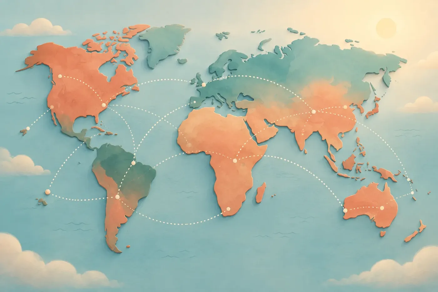 Decorative illustration of a world map with location pins representing the locations directory